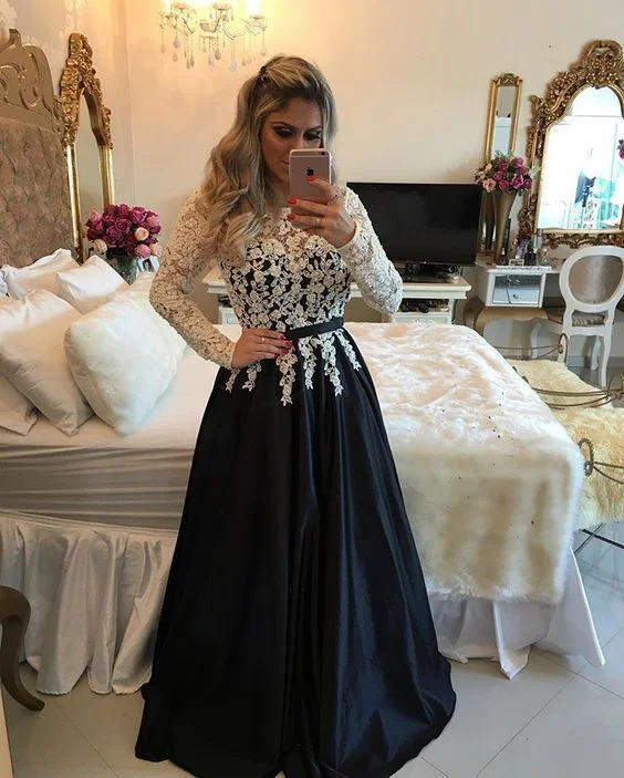 Women's Fashionable Clothing Sets Huge Savings on Parisian Styles Ivory / Black Satin A Line Long Sleeve Prom Dress, Evening Gown With Lace Top   cg11137