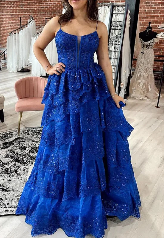 Women's Romantic Outfit Feminine Grace Women A-Line Lace Prom Dresses Long V Neck Appliques Evening Gowns Sleeveless Formal Party Dress YPD651