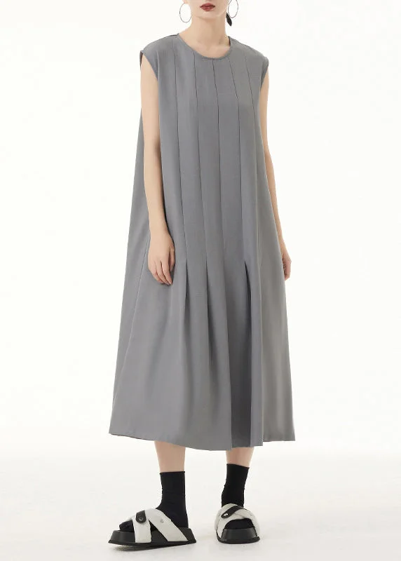 Women's Occasion Wear Apparel Flowy Fabric Women Grey O Neck Wrinkled Patchwork Spandex Long Dress Sleeveless