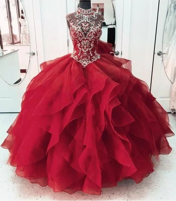 Women's Layered Outfit O-Neck Sleeveless Top Beads Ball Gown prom dress ,Tulle Quinceanera Dress  cg6339