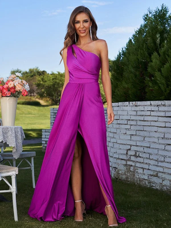 Women's Office Outfit Feminine Flow A-Line/Princess Jersey Ruched One-Shoulder Sleeveless Floor-Length Bridesmaid Dresses