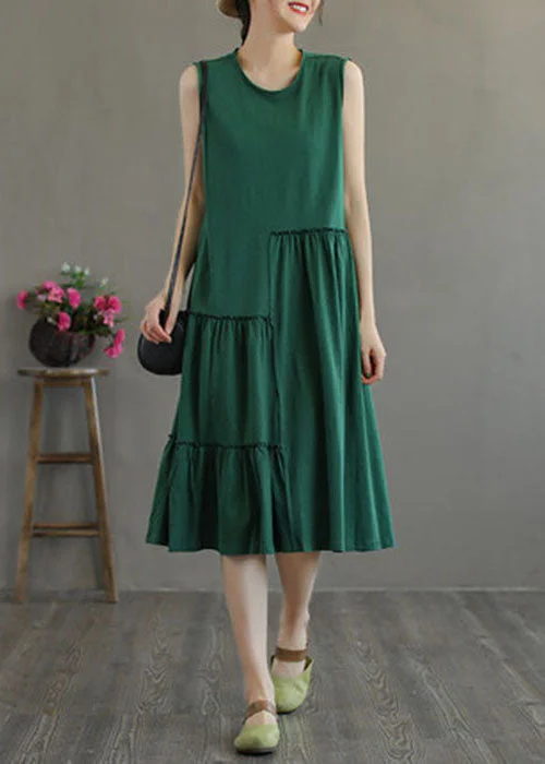 Women's Evening Clothing Holiday Sale Green Patchwork Cotton Holiday Dress Wrinkled Sleeveless