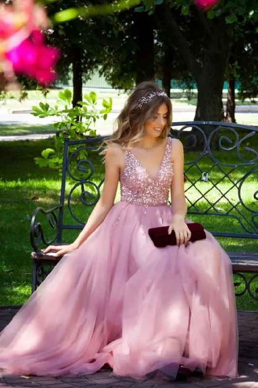 Women's Holiday Outfit gorgeous pink formal prom gown with v neckline, sequins bodice, tulle skirt and lace up back  cg6344