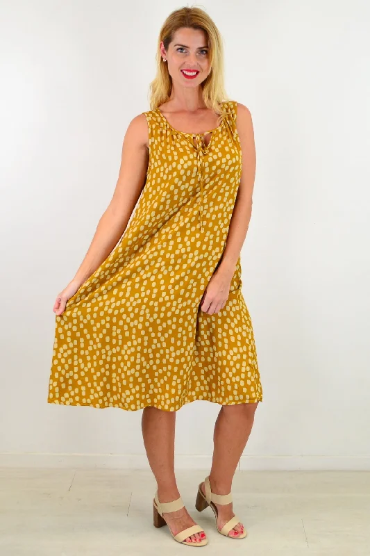 Women's Evening Apparel Ethnic Cultural Event Wear Mustard Long Dot Sleeveless Tunic Dress