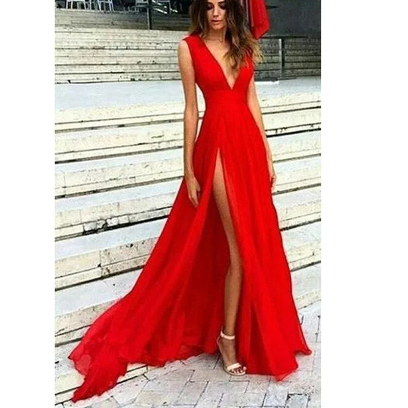 Women's Holiday Apparel Romantic Date - Night Ensemble Red Flowing Chiffon Deep V Neck Sexy Summer Evening  Party Gown Long Prom Dresses Vestido De Festa LP478