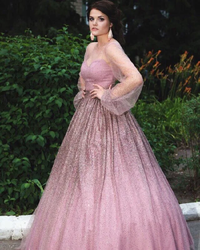 Women's Transitional Garments Gradient Prom Dress, Tulle Prom Gown, Sequined Prom Dress, Long-Sleeves Prom Gown   cg9462