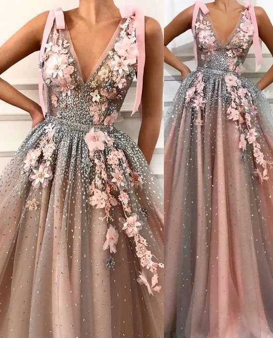 Women's Office Outfit Embroidered Flowers Embellished And Beaded Nude Pink Long Evening Special Occasion Gown Prom Dress   cg10969