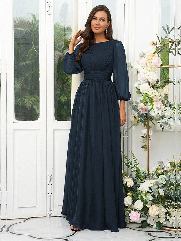 Women's Outdoor Attire Limited - Edition Drops A-Line/Princess 30D Chiffon Ruffles Scoop Long Sleeves Floor-Length Bridesmaid Dresses