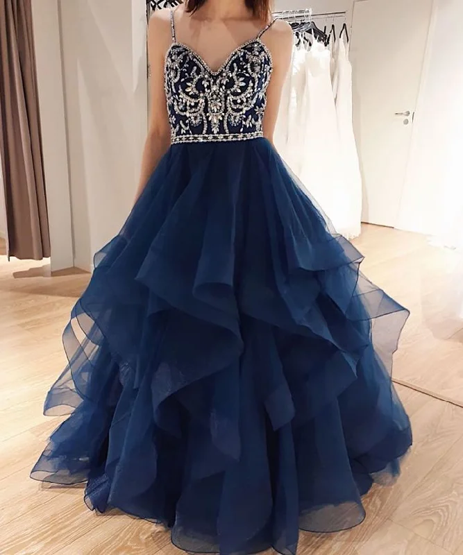 Women's Chic Outerwear Garments Navy Prom Dress,Tulle Prom Gown,Spaghetti Straps Evening Dress,Beading Prom Gown    cg9445