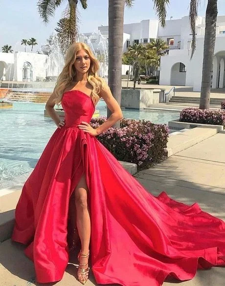 Women's Casual Apparel Nordic Minimalist Home Look Unique Red Satin Strapless Long Prom Dress, Evening Dress  cg5694