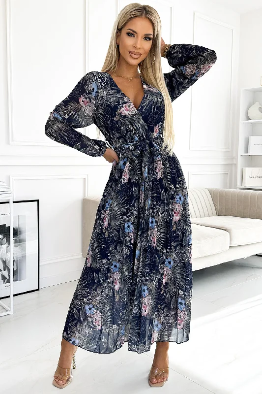 Women's Elegant Clothes Charming Silhouette Pleated chiffon long dress with a neckline; long sleeves and a belt - navy blue pattern