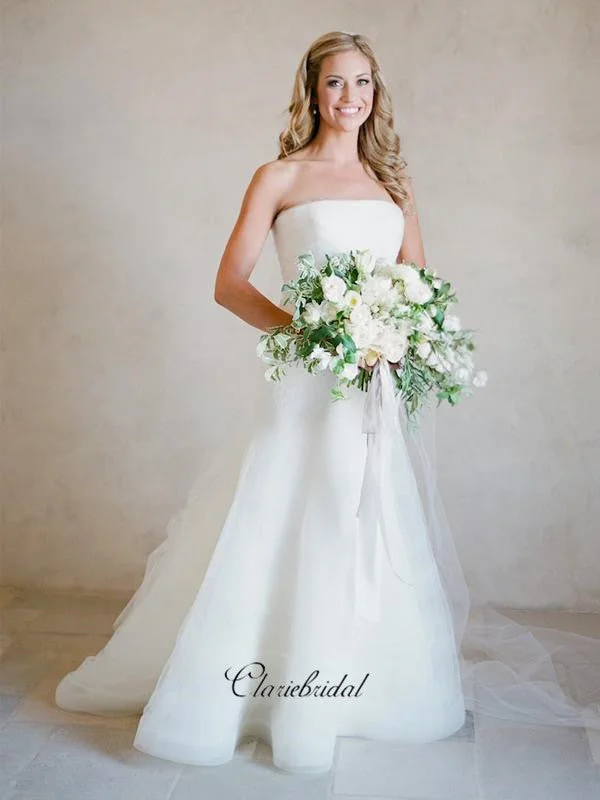 Women's Holiday Clothing Chic Allure Simple Strapless Wedding Dresses, White A-line Wedding Dresses, Organza Bridal Gowns