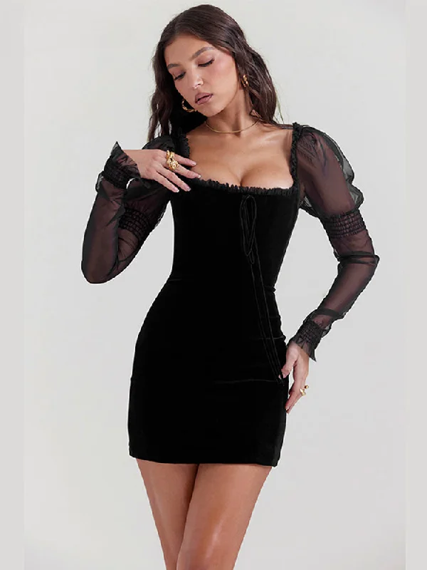 Women's Activewear Apparel Elegant Contour Gothic Wooden Ear Edge Wrap Hip Mesh Long Square Neck Ruched Bodycon Mini Dress