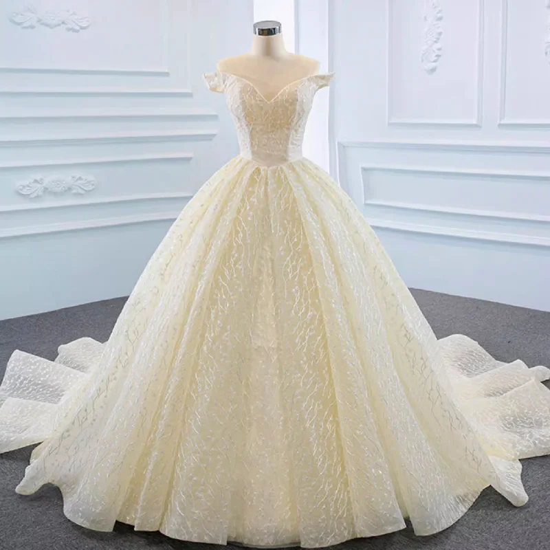 Women's Outerwear Attire Great Deals on Ethnic Cultural Wear Champagne Off the Shoulder Ball Gown Wedding Dress