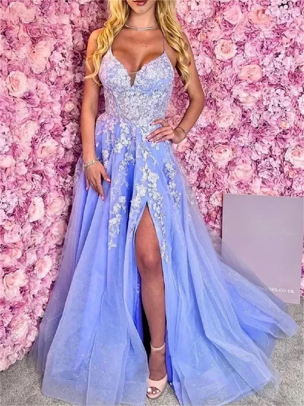 Women's Elegant Formal Outfit Elegant Contour Women A-Line Slit Lace Prom Dresses Long V Neck Appliques Evening Gowns Sleeveless Formal Party Dress YPD644