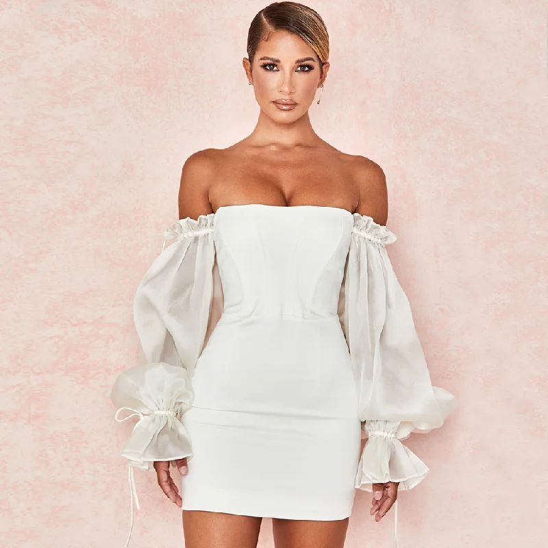 Women's Resort Attire Weekend Special Cute Off Shoulder Puff Sleeve Bodycon Party Mini Dress - White