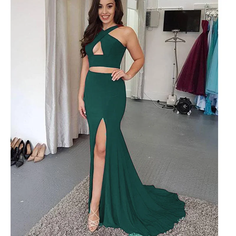 Women's Stylish Professional Apparel Early Access to Art Deco Styles Sale LP289 Halter sexy 2 Pieces Dark Green Prom Dress with Slit Women Long Evening Gown