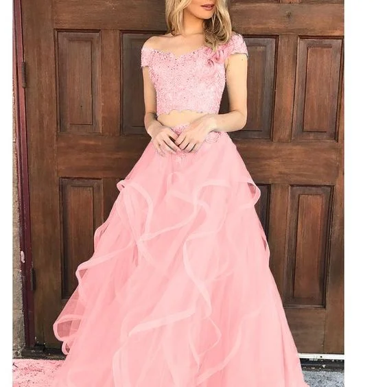 Fashion-Forward Women's Clothing Coral Pink Tired Crop Top Prom Dress For Teens Graduation Formal Gown with Lace  cg6700