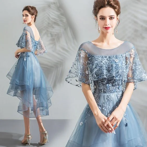 Women's Professional Clothes Light Blue Prom Dress Short Front Long Back with Wrap Lace Bridsmaids Evening Gown  cg7736