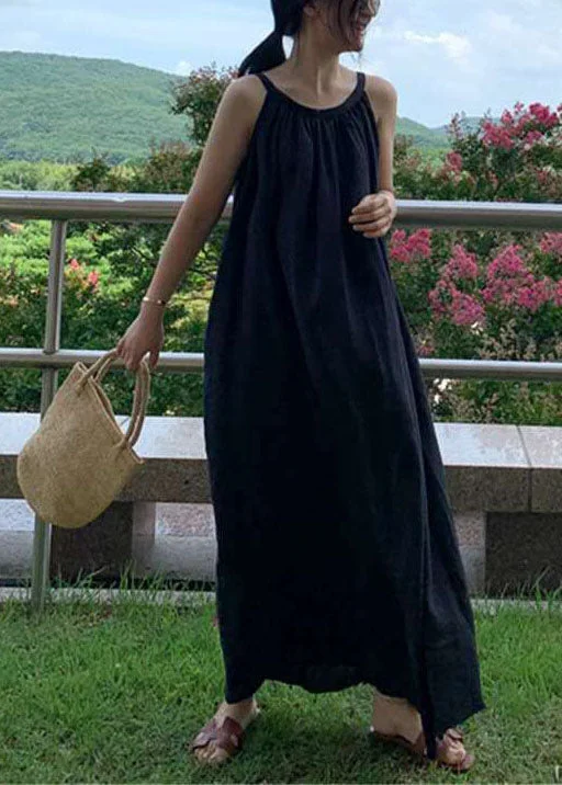 Women's Evening Garments Elegant Details Stylish Black wrinkled Linen Dress Sleeveless