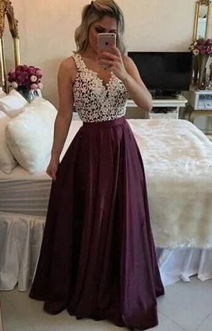 Sustainable Women's Apparel Summer Splash Sale Long Prom Dresses, V-neck Party Dresses Lace, A-line Formal Evening Dresses Satin with Appliques cg3410