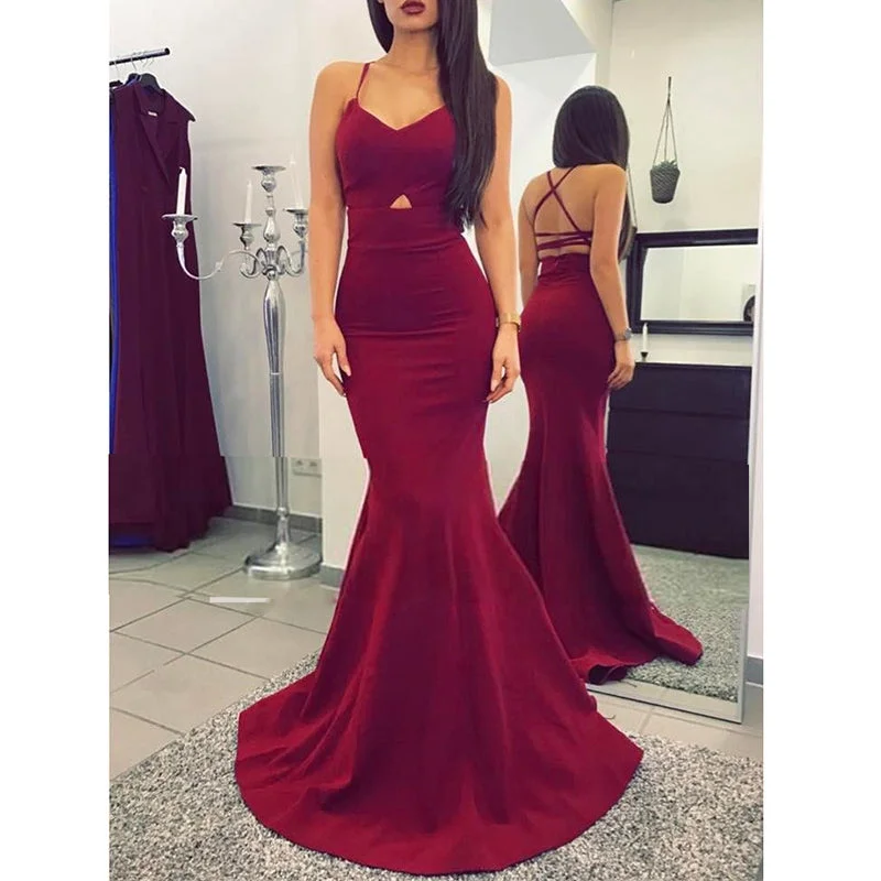 Women's Trendy Garments Anniversary Sale Sexy Burgundy Vestido de Festa Jersey Fitted Women Party Evening Gown Long Prom Dress with Straps