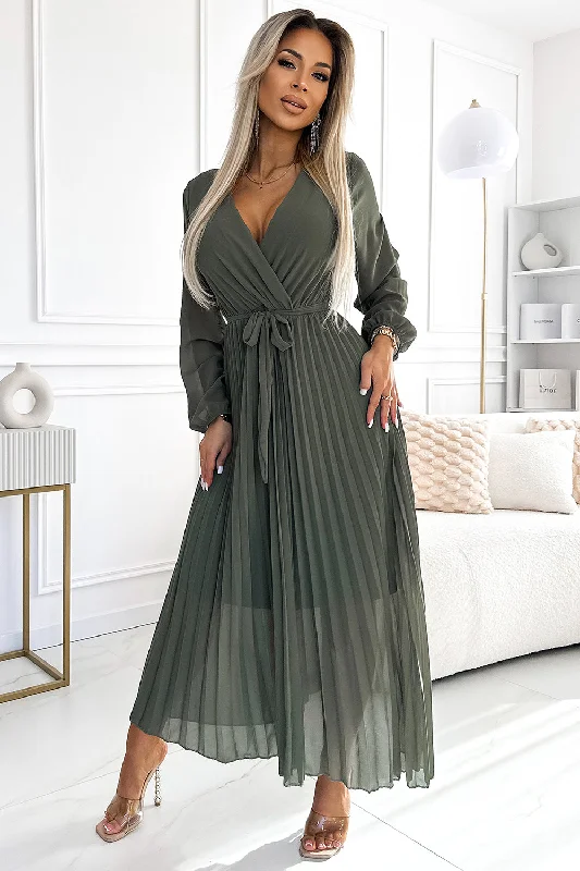 Casual Clothes For Women Lighten Up with Nordic Styles Pleated chiffon dress with scoop neckline; long sleeves and tied belt - KHAKI