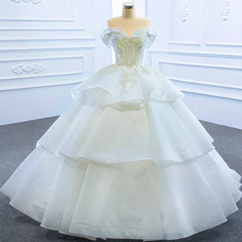 Women's Vacation Garments Artful Design Vintage Off the Shoulder Tiered Ball Gown Wedding Dress