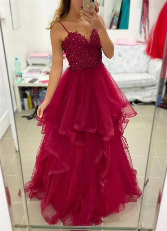 Women's Active Outfit For Fitness Lightweight Fabric Women Tulle Lace Prom Dresses Long V Neck Appliques Evening Gowns Sleeveless Formal Party Dress YPD647