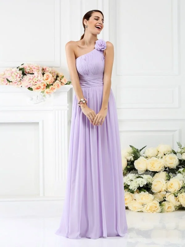 Women's Vacation Clothes Contemporary Elegance A-Line/Princess One-Shoulder Pleats Hand-Made Flower Sleeveless Long Chiffon Bridesmaid Dresses