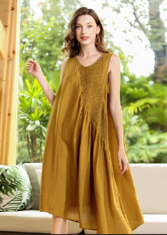 Comfortable Women's Clothing Buy More, Save More Fashion Yellow Asymmetrical Patchwork Wrinkled Cotton Dress Sleeveless