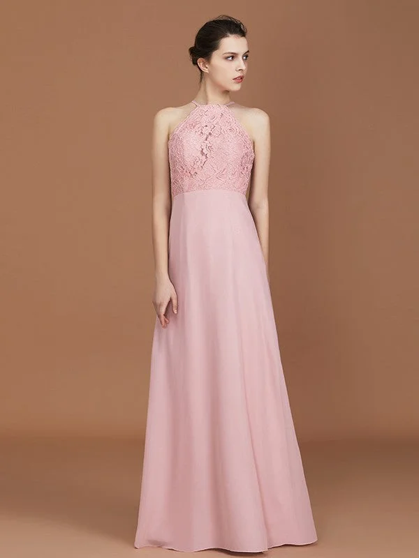 Women's Seasonal Clothes Flowy Fabric A-Line/Princess Halter Sleeveless Lace Floor-Length Chiffon Bridesmaid Dress