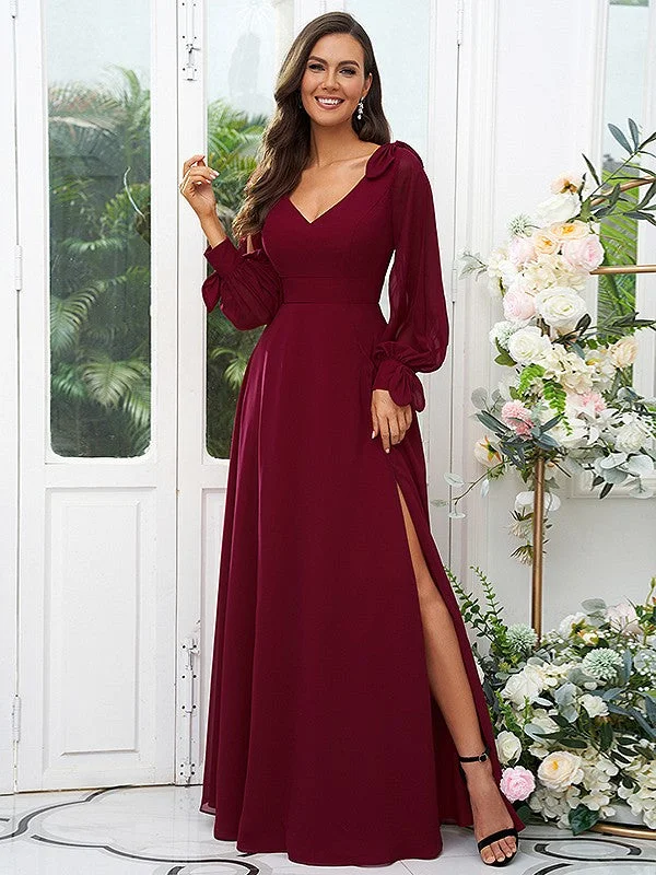 Charming Women's Garments Vibrant Prints A-Line/Princess Chiffon Bowknot V-neck Long Sleeves Floor-Length Bridesmaid Dresses