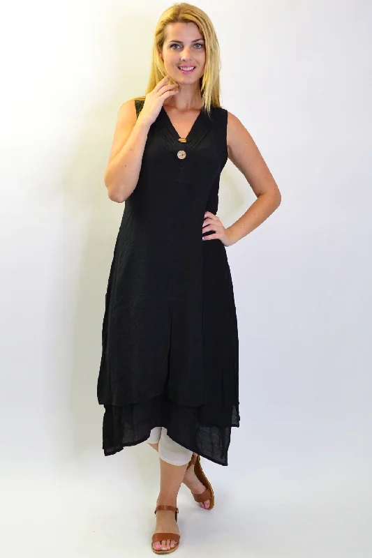 Casual Clothes For Women Beat the Heat in Tropical Styles Black Sleeveless Coconut Button Tunic Dress