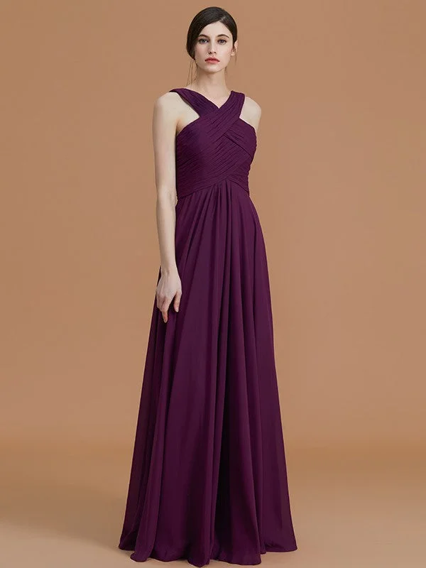 Women's Casual Wear Clothing Parisian Effortless Chic Style A-Line/Princess Halter Sleeveless Floor-Length Ruched Chiffon Bridesmaid Dresses