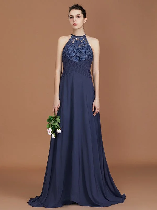 Women's Elegant Clothing Sets Contemporary Elegance A-Line/Princess Scoop Sleeveless Sweep Train Chiffon Lace Bridesmaid Dress