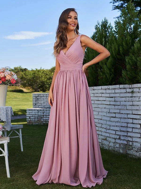 Women's Resort Attire Mid - Season Sale A-Line/Princess Chiffon Ruched V-neck Sleeveless Sweep/Brush Train Bridesmaid Dresses