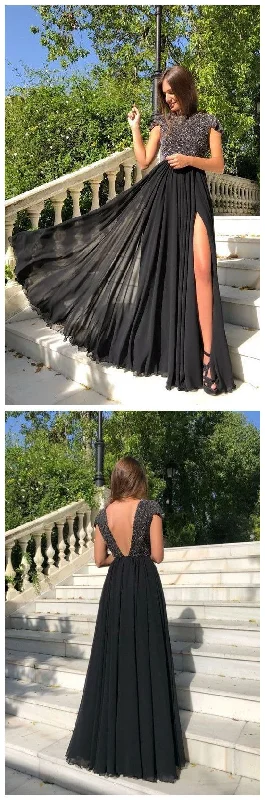 Women's Vintage Attire Open Back With Beadings Evening Gowns prom Formal Dress Split Side   cg10654