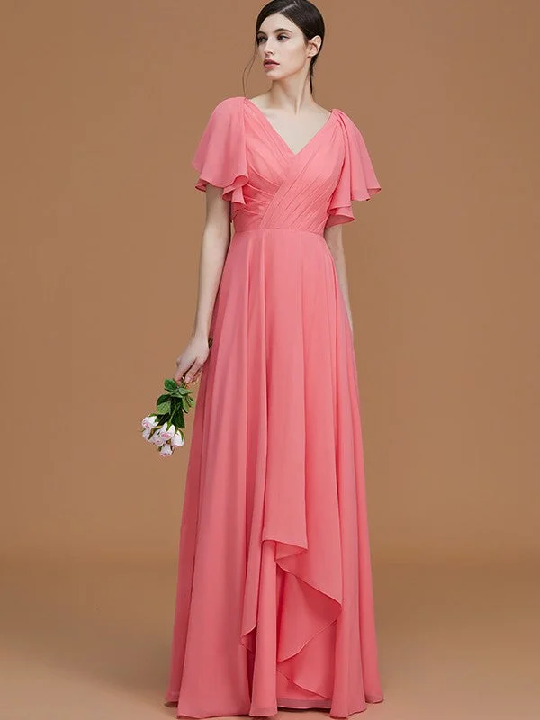 Women's Clothing With Trendy Designs Score Big on Glamorous Red - Carpet Styles A-Line/Princess V-neck Short Sleeves Floor-Length Ruched Chiffon Bridesmaid Dresses