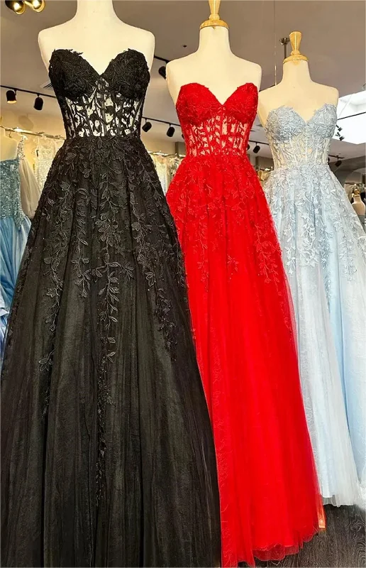 Women's Night-Out Outfit Luxe Layering Women A-Line Lace Prom Dresses Long Strapless Appliques Evening Gowns Sleeveless Formal Party Dress YPD661