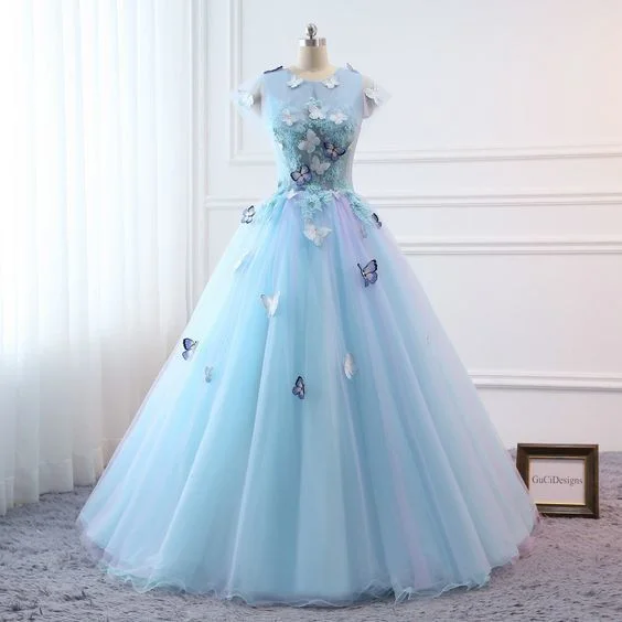 Women's Active Outfit For Fitness Prom Ball Gown Plus Size Long Women Formal Dresses Sky Blue Butterfly flower Quinceanera Dress   cg10982