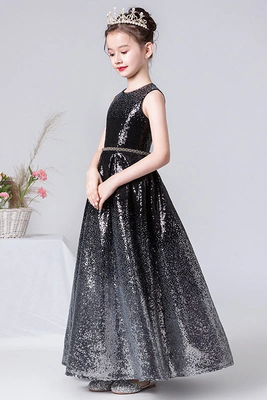 Women's Office Outfit Casual Weekend Relaxed Style Sparkly A Line Black Sleeveless Sequins Flower Girl Dresses