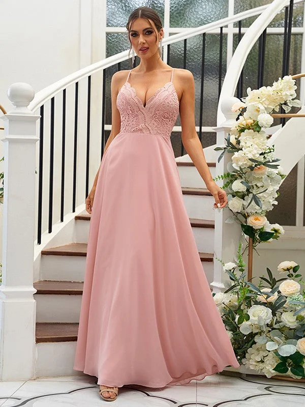 Women's Elegant Formal Outfit Effortless Sophistication A-Line/Princess Chiffon Lace V-neck Sleeveless Floor-Length Bridesmaid Dresses