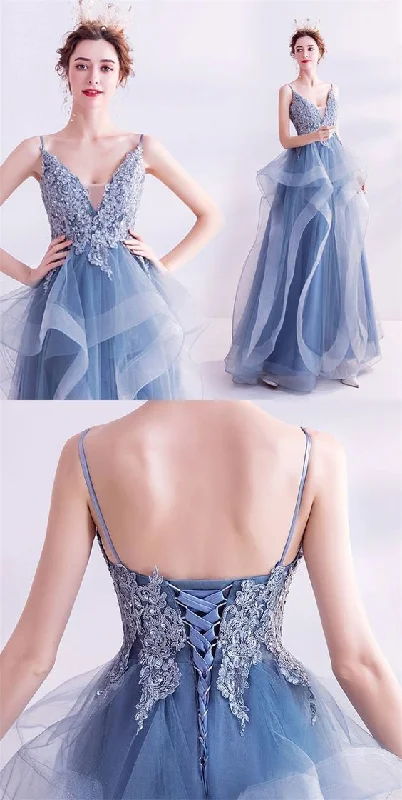 Women's Professional Garments Sequined Top Ruffled Light Blue Prom Dress Formal Gown   cg9891