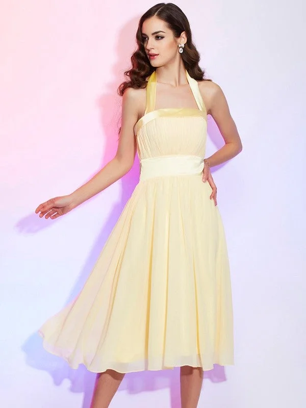 Women's Party Clothes Graceful Movement A-Line/Princess Halter Sleeveless Pleats Short Chiffon Bridesmaid Dresses