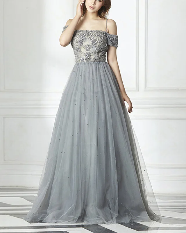 Women's Functional Outdoor Garments Weekend Special Off the Shoulder Gray Beading Prom Dress Long Graduation  Gown PL2014