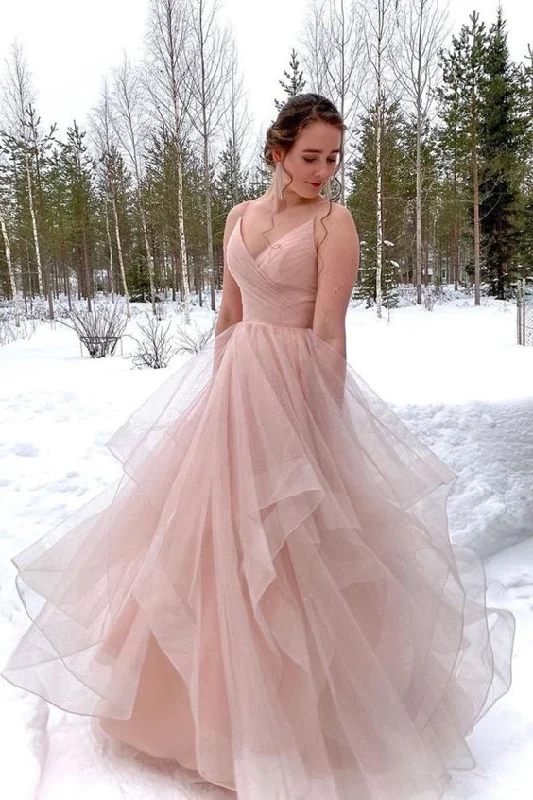 Sustainable Women's Apparel straps v neck pink long ball gown with cascade prom Dress  cg8571