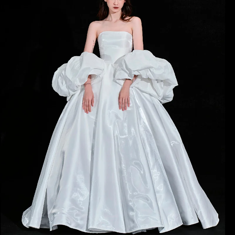 Women's Timeless Attire Feminine Soft - Hued Styles Strapless Straight Neckline Ball Gown Wedding Dress With Detachable Sleeves