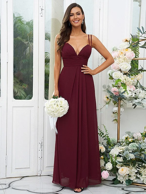 Women's Casual Attire Nordic Minimalist Home Look A-Line/Princess Chiffon Ruched V-neck Sleeveless Floor-Length Bridesmaid Dresses