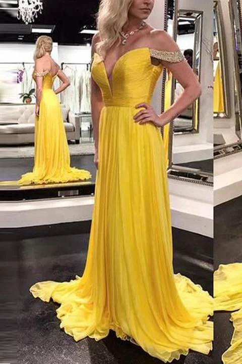 Formal Garments For Women V Neck Off the Shoulder Yellow Prom Dresses Evening Prom Gowns Graduation Dress  cg4837